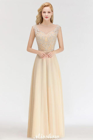 Champagne Sleeveless A-Line Crystal Jewel Bridesmaid Dresses Floor Length Party Dress