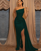 Dark Green Long Sleeveless Satin Ruffles Mermaid Prom Dress with Split