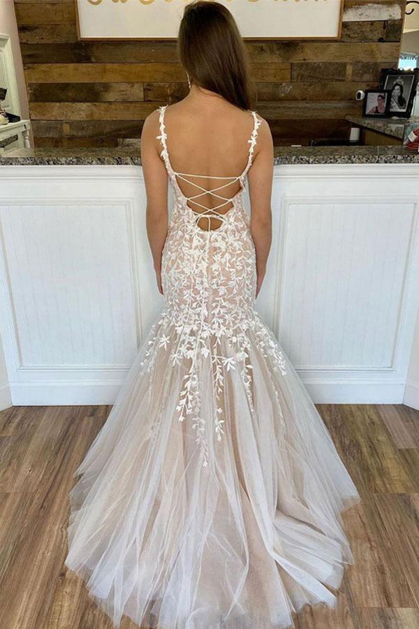 Vestidos de baile/noite compridos com renda em tule champanhe e sereia PSK169