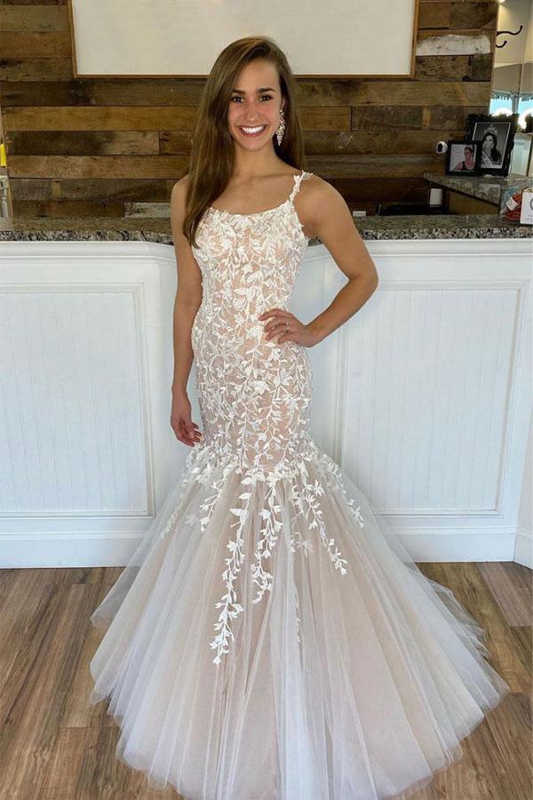 Vestidos de baile/noite compridos com renda em tule champanhe e sereia PSK169