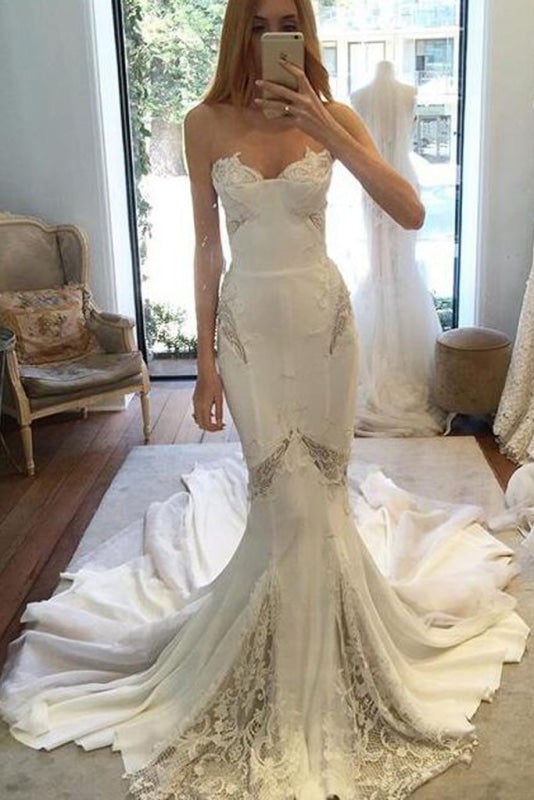 Chapel Train Sweetheart Mermaid Spitzenapplikationen Chiffon elegantes Brautkleid