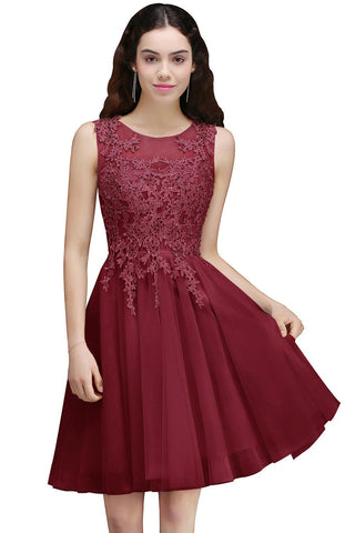 Charming A-Line Scoop Sleeveless Appliques Lace Short Bridesmaid Dresses