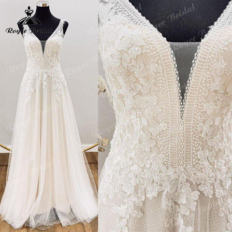Charmantes ärmelloses Brautkleid in A-Linie mit Spitzenapplikationen, V-Ausschnitt, offenem Rücken, Schleppe, Tüll, Strandkleid für Damen, standesamtliche Brautkleider 