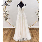 Charming A Line Sleeveless Wedding Dress Tank  Lace Appliques V Neck Open Back Sweep Train Tulle Beach Women Civil Bridal Gowns