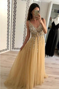 Charmantes A-Linien-Tüll-V-Ausschnitt-Bodenlanges Ball-/Abendkleid mit Perlen PG907