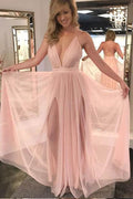 Charmantes A-Linie V-Ausschnitt Rückenfreies Chiffon Schlitz Rosa Langes Ballkleid PG710