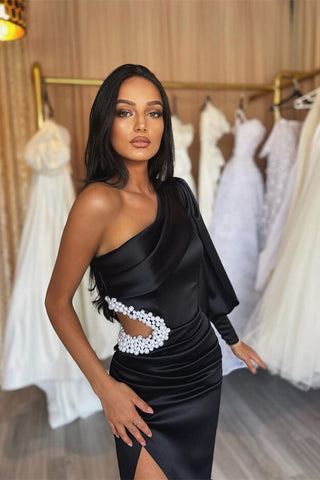 Charming Black Long Sleeves Mermaid Satin One Shoulder Evening Dress with Slit