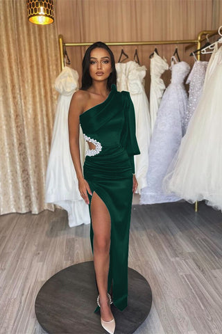 Charming Black Long Sleeves Mermaid Satin One Shoulder Evening Dress with Slit