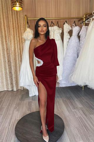 Charming Black Long Sleeves Mermaid Satin One Shoulder Evening Dress with Slit