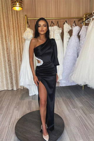 Charming Black Long Sleeves Mermaid Satin One Shoulder Evening Dress with Slit