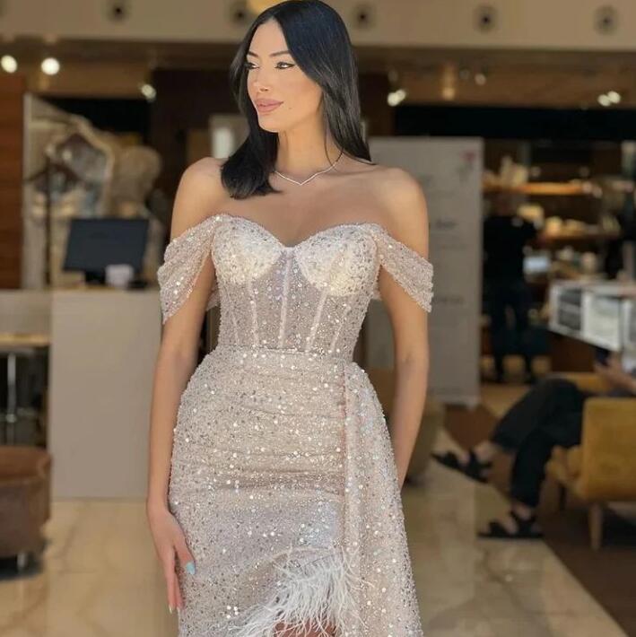 Charming Champagne Long Off-The-Shoulder Sequined Prom Dress with Feather