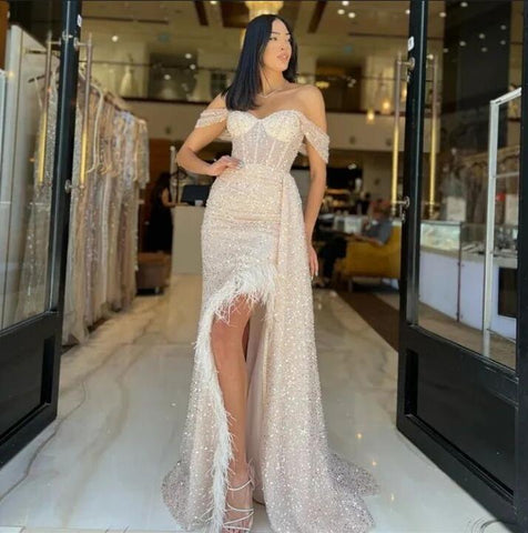 Charming Champagne Long Off-The-Shoulder Sequined Prom Dress with Feather