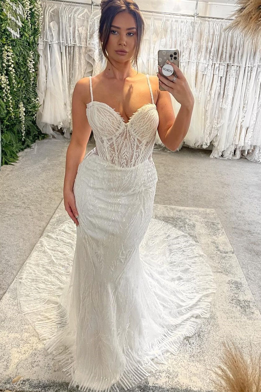 Charmantes bodenlanges Brautkleid mit süßem Herzausschnitt, ärmellos, mit Trägern und Meerjungfrauenschnitt sowie Kapellenschleppe