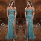 Long Mermaid Off the Shoulder Strapless Tulle Beads Evening Dress with Slit