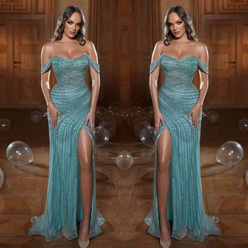 Long Mermaid Off the Shoulder Strapless Tulle Beads Evening Dress with Slit