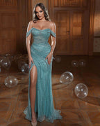 Long Mermaid Off the Shoulder Strapless Tulle Beads Evening Dress with Slit