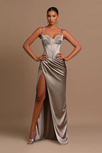 Charming Long Mermaid Sweetheart Spaghetti Straps Satin Evening Dress with Slit