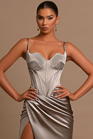 Charming Long Mermaid Sweetheart Spaghetti Straps Satin Evening Dress with Slit