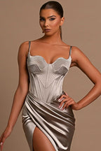 Charming Long Mermaid Sweetheart Spaghetti Straps Satin Evening Dress with Slit