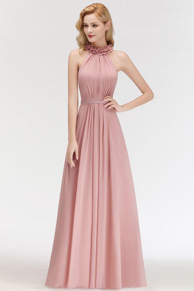 Charming Halter Sleeveless Ruffled Chiffon Bridesmaid Dresses Aline Evening Maxi Gown