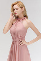 Charming Halter Sleeveless Ruffled Chiffon Bridesmaid Dresses Aline Evening Maxi Gown