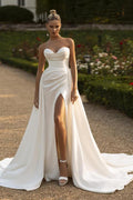 Encantador Vestido de Novia Sirena Largo de Satin en Marfil con Escote Corazón y Abertura