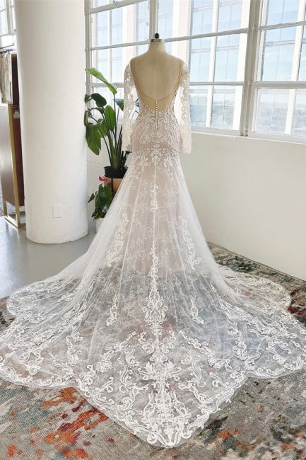 Charmantes Schmuck-Langarm-Kapellen-Meerjungfrauen-Brautkleid