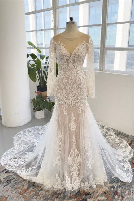 Charmantes Schmuck-Langarm-Kapellen-Meerjungfrauen-Brautkleid