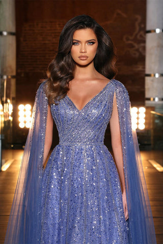 Charming Long A-line V-Neck Wide Straps Tulle Sequins Evening Dress
