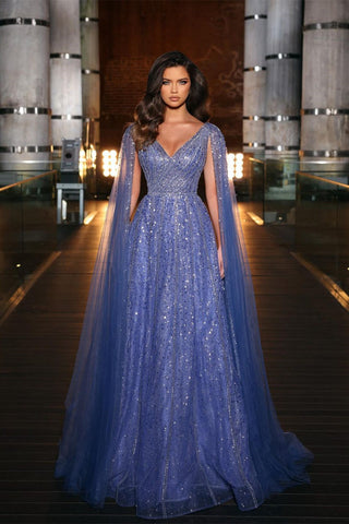 Charming Long A-line V-Neck Wide Straps Tulle Sequins Evening Dress