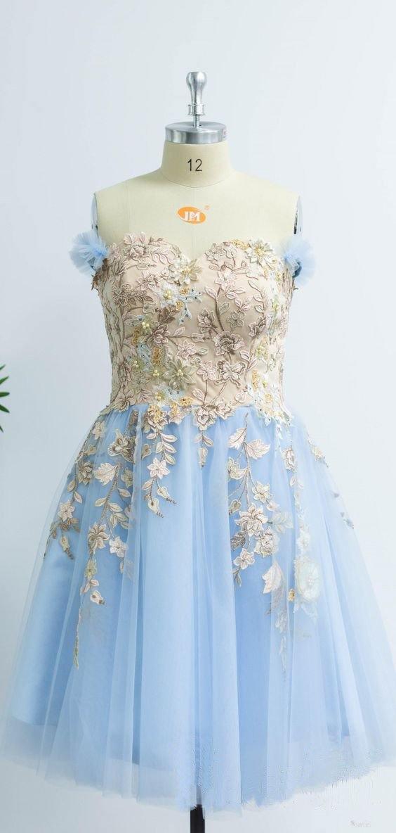 Encantador Vestido Azul Claro de Baile de Regreso a Casa con Aplicaciones PD410