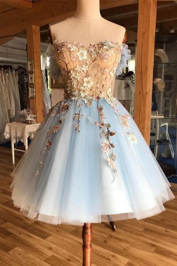 Encantador Vestido Azul Claro de Baile de Regreso a Casa con Aplicaciones PD410