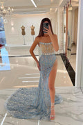 Encantador Vestido de Noche Largo de Sirena Sin Tirantes Sin Mangas con Abertura