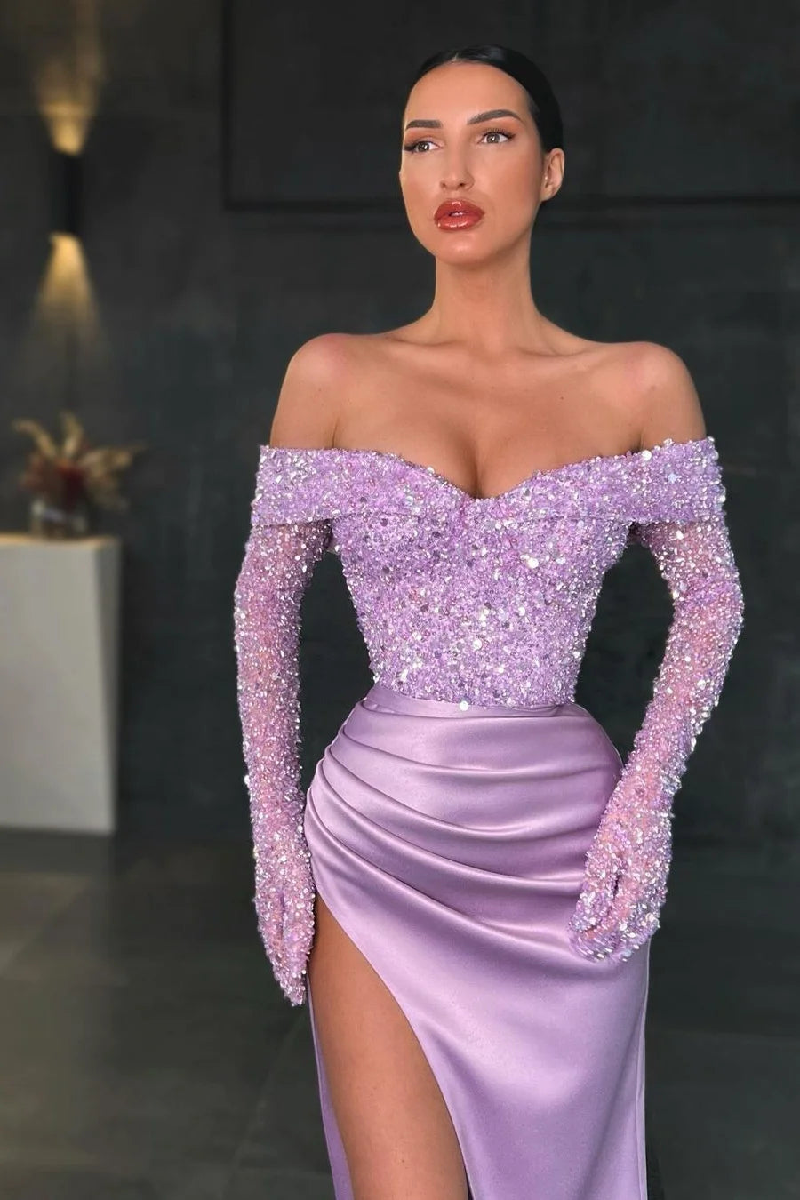 Charming Long Mermaid Off-the-shoulder Long Sleeves Lace Prom Dress With Slit