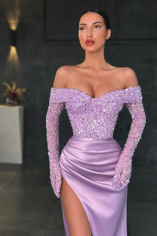 Charming Long Mermaid Off-the-shoulder Long Sleeves Lace Prom Dress With Slit