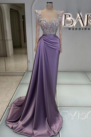 Charming Long Mermaid Sweetheart Satin Beads Formal Prom Dresses with Sleeves