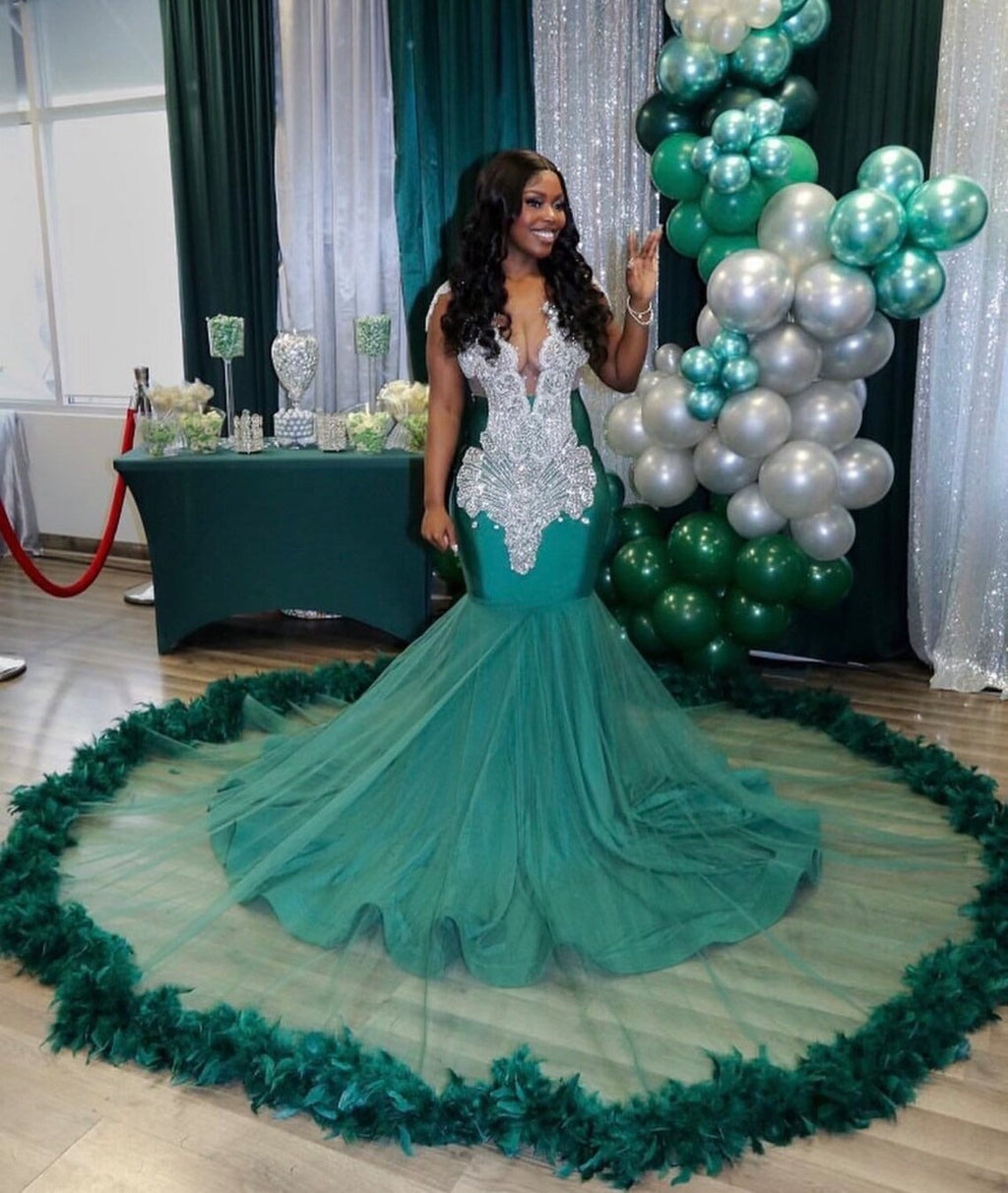 Charming Long V neck Sleeveless Tulle Beading Mermaid Prom Dress