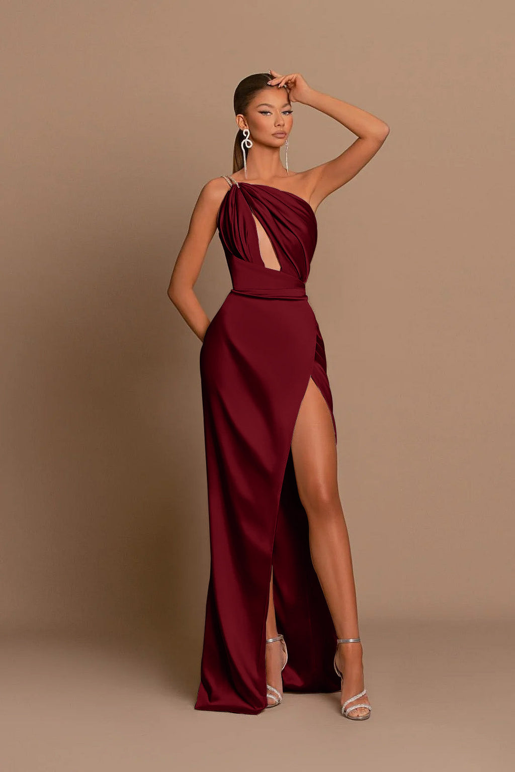 Charming Burgundy Long Mermaid One Shoulder Spaghetti Straps Evening Dresses with Slit
