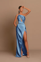 Charming Burgundy Long Mermaid One Shoulder Spaghetti Straps Evening Dresses with Slit