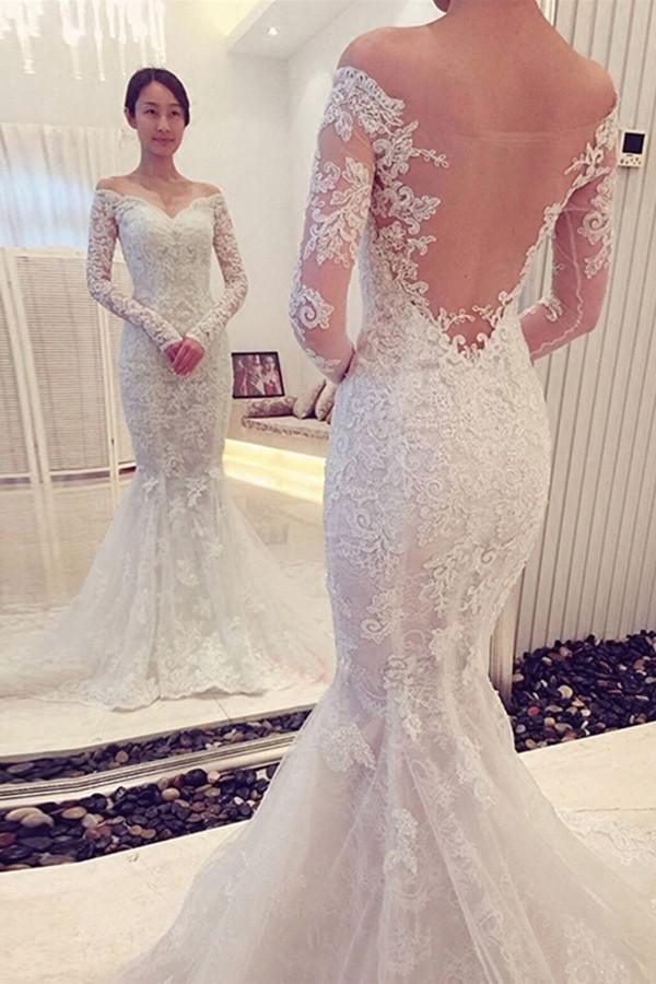 Robe de mariée sirène en dentelle avec manches longues et décolleté bustier charmant