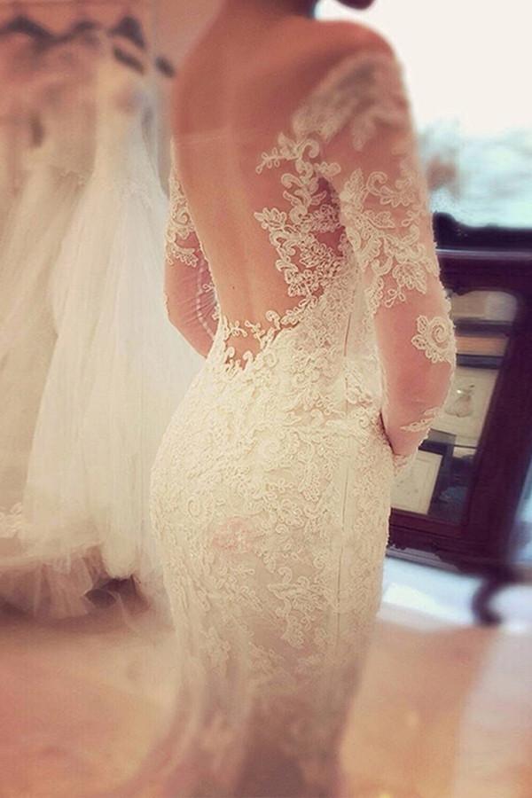 Robe de mariée sirène en dentelle avec manches longues et décolleté bustier charmant