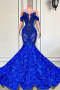 Robe de bal sirène bleu royal séduisante à sequins tombant sur les épaules