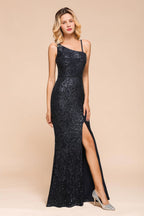 Charming One Shoulder Glitter Sequins Evening Prom Dress Side Split Party Gown