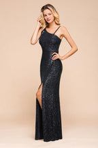 Charming One Shoulder Glitter Sequins Evening Prom Dress Side Split Party Gown
