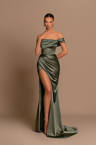 Charming Off-The-Shoulder Long Mermaid Satin Evening Dress with Slit