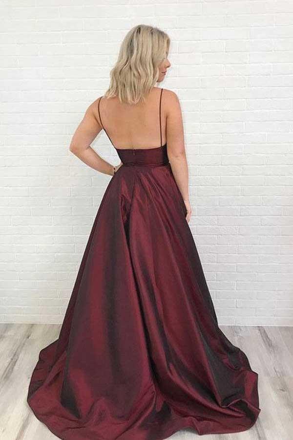 Encantador vestido de festa em cetim bordeaux com decote em V PG671