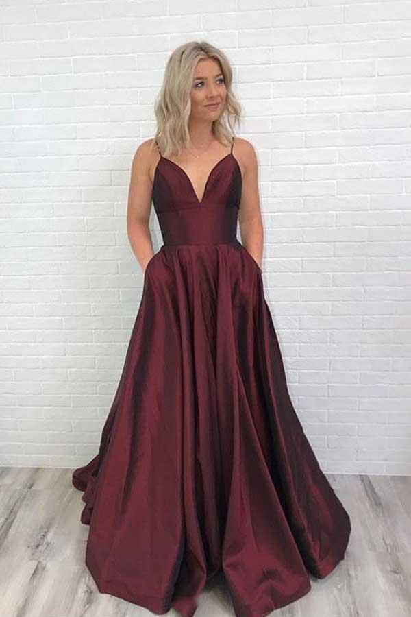 Encantador vestido de festa em cetim bordeaux com decote em V PG671