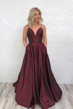 Encantador vestido de festa em cetim bordeaux com decote em V PG671
