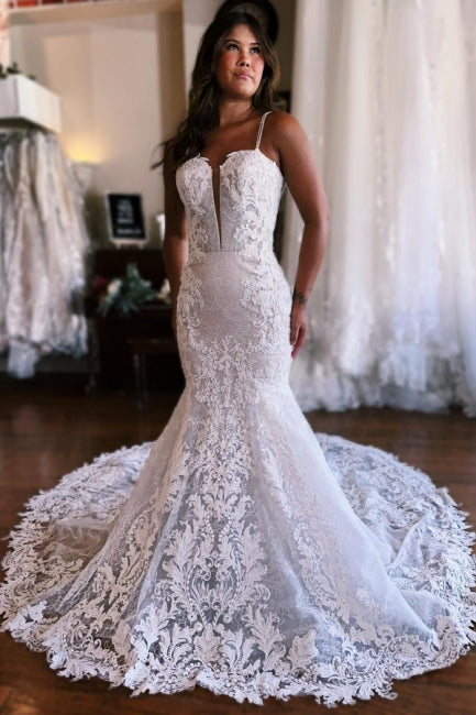 Charmantes trägerloses Spaghettiträger-Bodenlanges Meerjungfrauen-Brautkleid