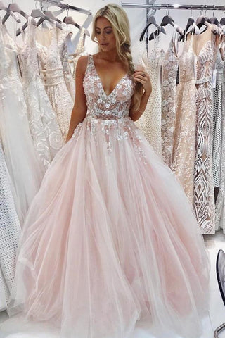 Charming V-Neck Floor-Length Pink Tulle Prom Dress with Appliques Beading PG899
